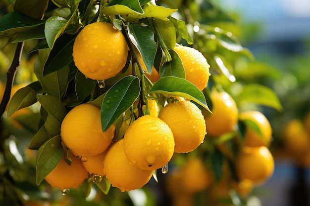 Limones amarillos maduros frutas cítricas colgando en el árbol IA generativa