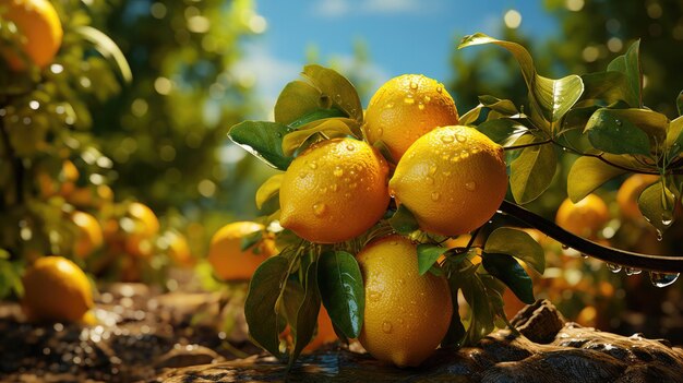 Limones amarillos naturales frescos en ramas Concepto de alimentos ecológicos naturales y saludables y agricultura