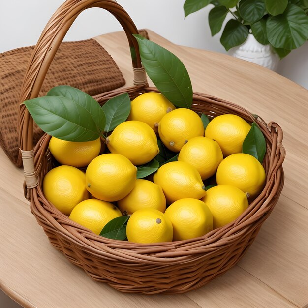 Limones amarillos con rodajas de limón en una canasta sobre superficie de madera generada ali