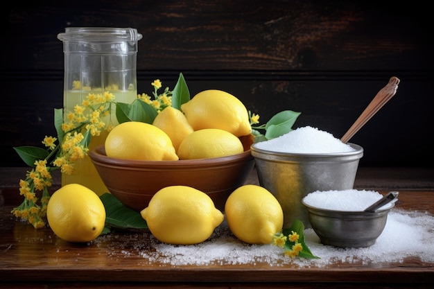 Limones y azúcar sobre una mesa de madera listos para mezclar