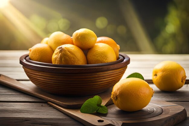 limones en un bol con una hoja verde sobre la mesa