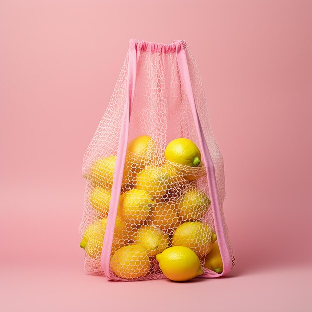 Foto limones en una bolsa de compras de red rosa