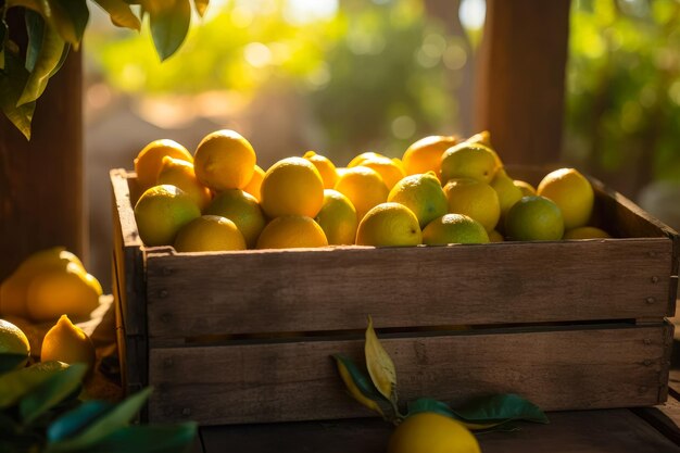 Limones en una caja de madera Fondo floral verde Ai generativo