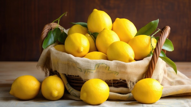 limones en una canasta con hojas y hojas.