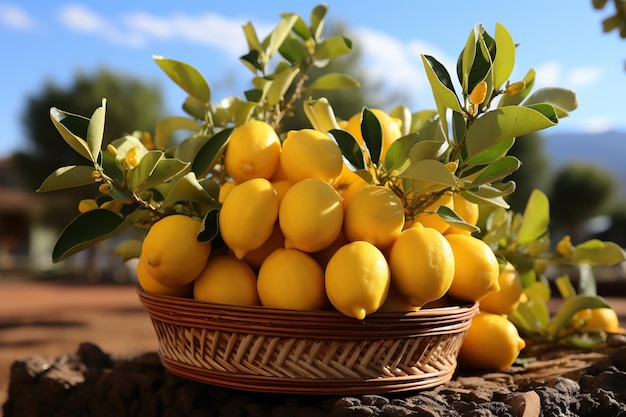 limones en una canasta en el huerto de olivos