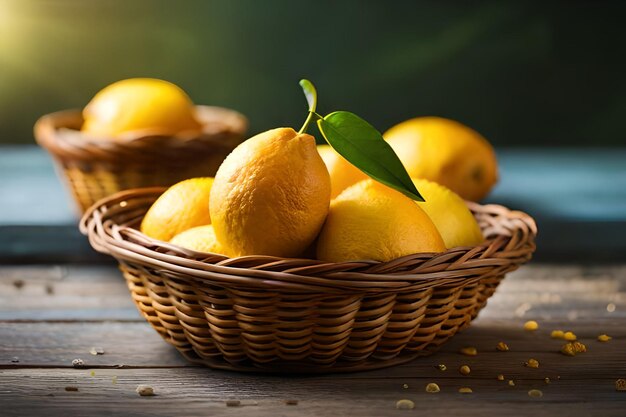 Limones en una canasta con semillas sobre una mesa de madera