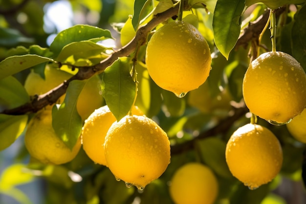 Limones colgando en el árbol frescos a la luz del sol