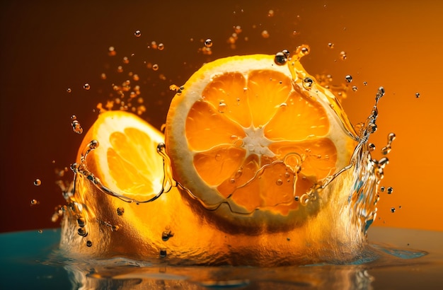 Limones cortados en una rodaja de naranja sobre un fondo amarillo