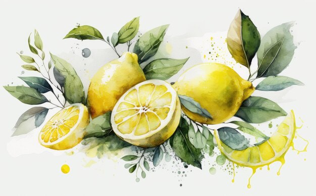 Limones dibujados sobre fondo blanco acuarela frutas tropicales alimentos orgánicos ilustraciones ai generado