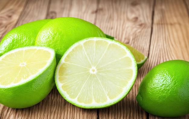 Limones enteros y cortados sobre una mesa de madera