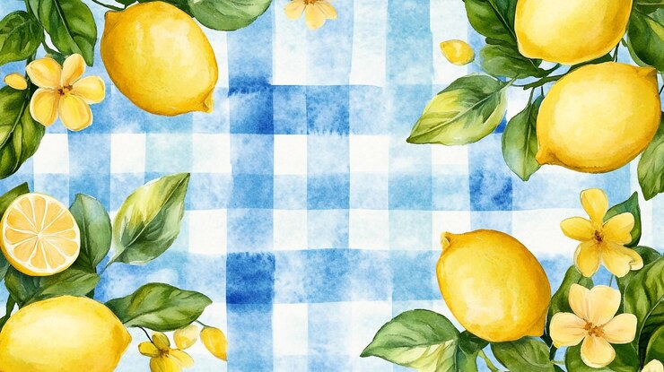 Limones y flores brillantes sobre un fondo a cuadros azules en una ilustración caprichosa