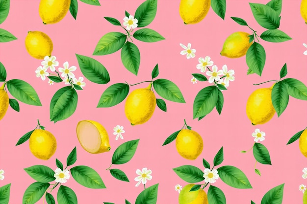 Límones y flores con patrón rosado