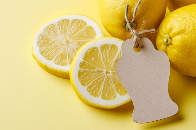 Foto limones frescos con etiqueta en fondo amarillo