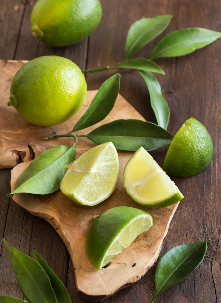 Foto limones frescos con hojas sobre una mesa de madera de cerca
