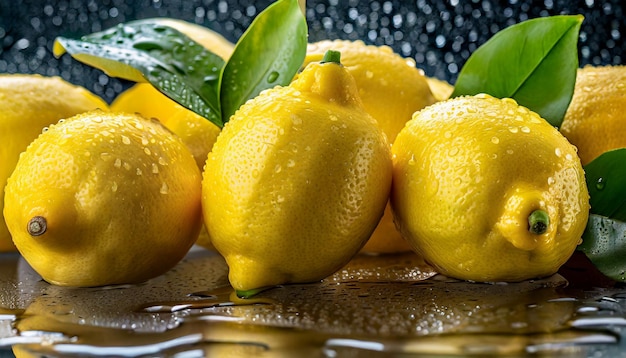 Limones frescos y jugosos con hojas gotas de agua cítricos sabrosos y dulces