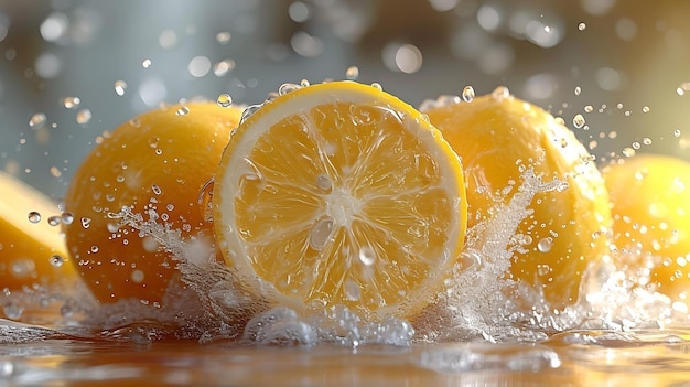 Limones frescos en rodajas en agua salpicadura cítricos frescura colores vivos concepto de refresco de verano fotografía de alimentos AI