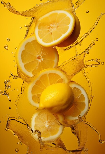 Limones frescos y salpicaduras de agua sobre fondo amarillo Ilustración generativa de IA