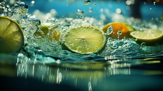 limones frescos y salpicaduras de agua