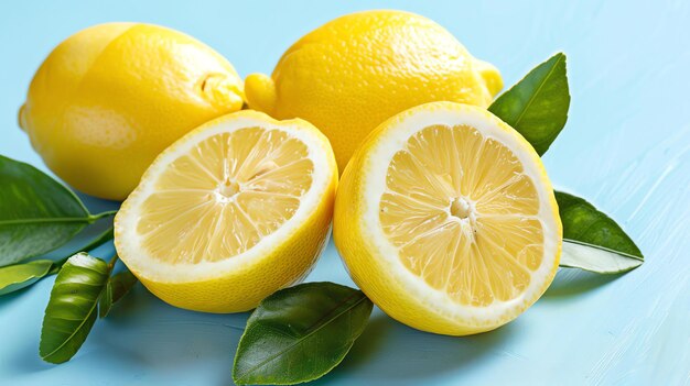 Limones frescos sobre un fondo azul Los limones están cortados por la mitad y dispuestos de una manera visualmente atractiva