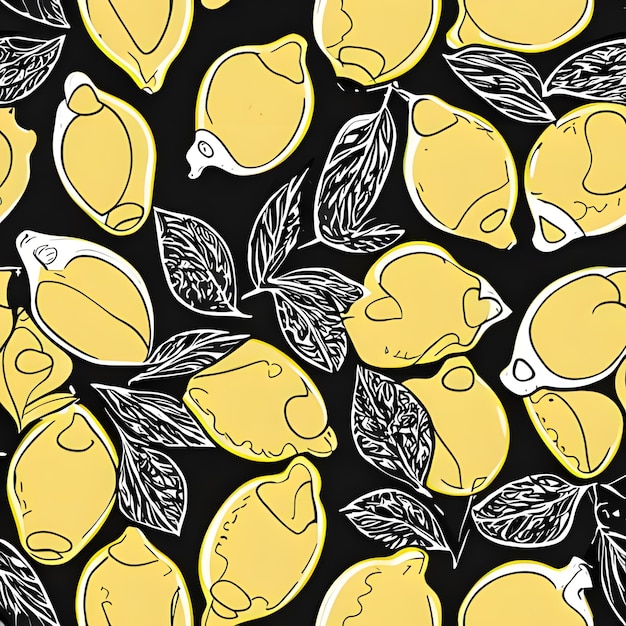 Limones y hojas de patrones sin fisuras con contorno negro 1