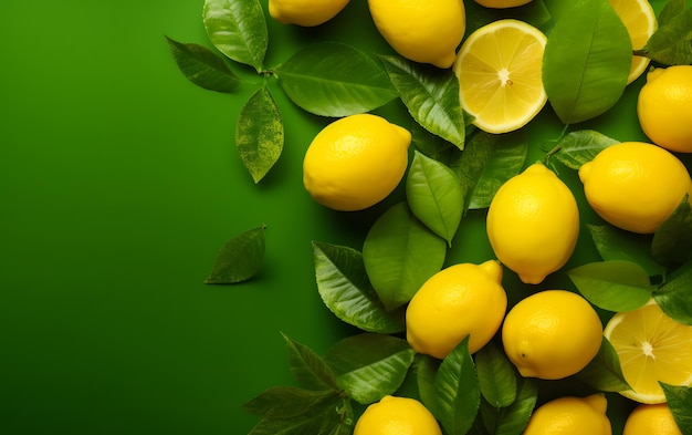 Limones con hojas verdes sobre fondo verde