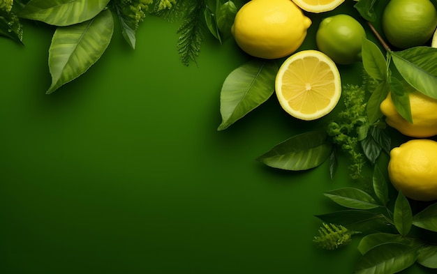 Limones con hojas verdes sobre fondo verde