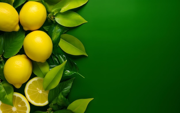 Limones con hojas verdes sobre fondo verde