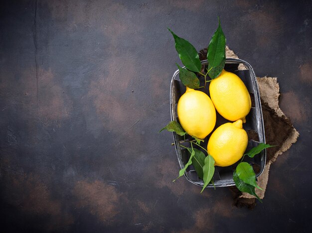 Limones jugosos frescos sobre fondo oxidado