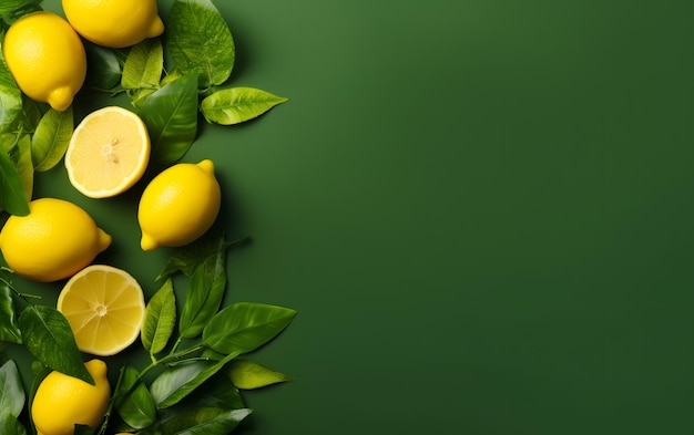 Limones y limones sobre fondo verde con espacio de copia