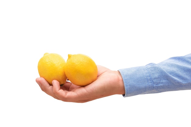 Limones maduros en la mano aislado sobre fondo blanco. El concepto de cocina.