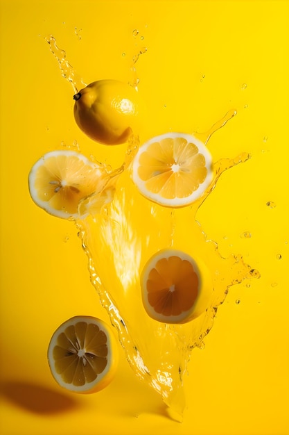 Limones maduros con salpicaduras de gotas de agua o jugo sobre un fondo amarillo AI generativo 3