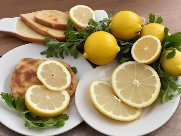 Limones con perejil y pan en una mesa de madera