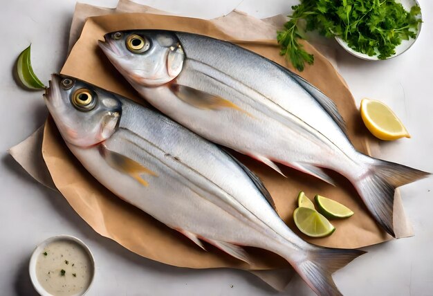 los limones de pescado y la lima están en una mesa con un cuenco de rebanadas de limón