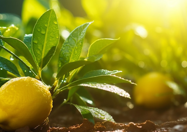 Limones en una planta con el sol brillando en el fondo.