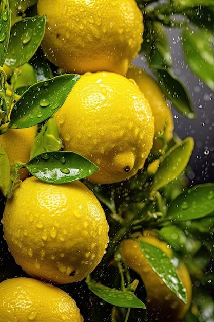 Limones en una rama con gotas de agua