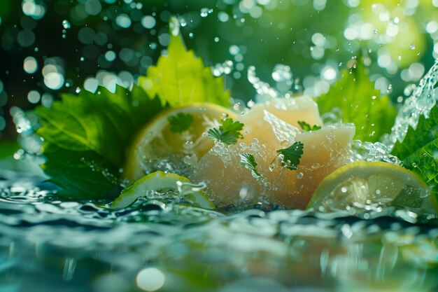 Limones recién cortados con hojas de menta salpicados en gotas de agua con gas en un entorno natural de cerca