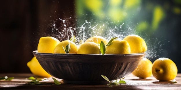 Limones en un recipiente con agua jabonosa sobre la mesa