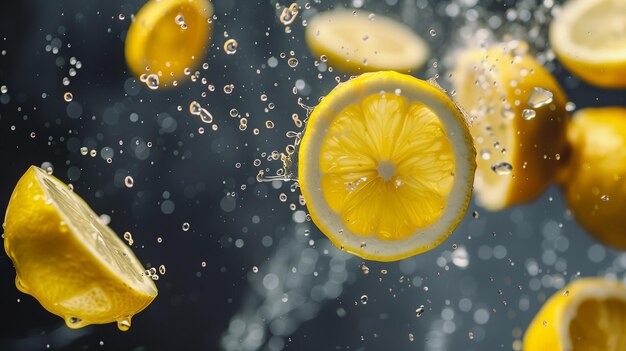 Limones voladores aislados frutas de limón en rodajas que caen