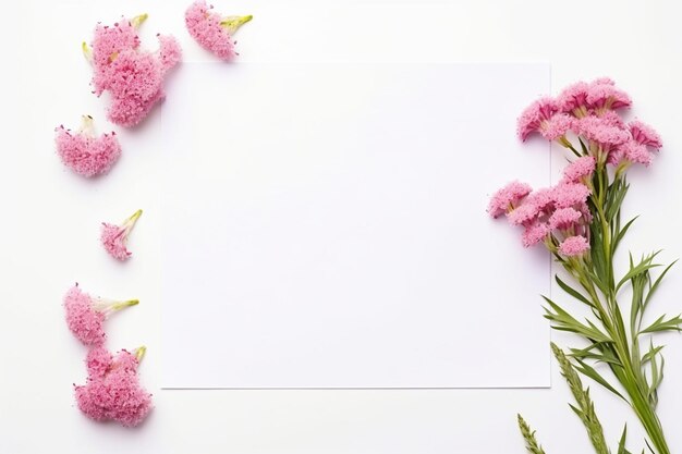 Foto limônio rosa e flores de cravos perto do papel em branco em fundo branco