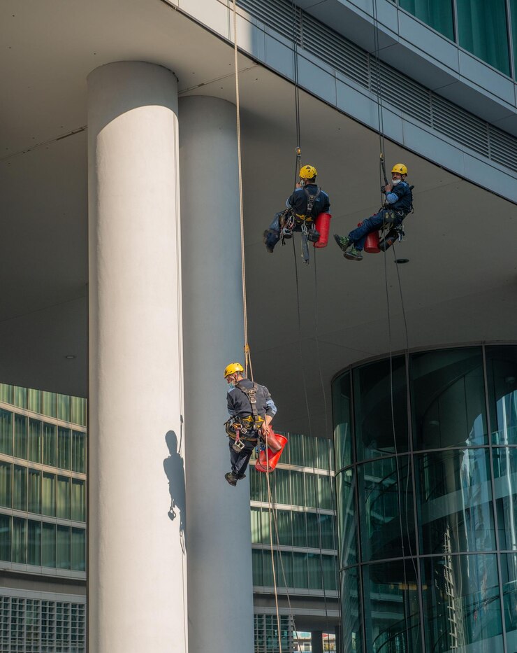 Limpadores de vidro qualificados que se abaixam com eslingas de cima