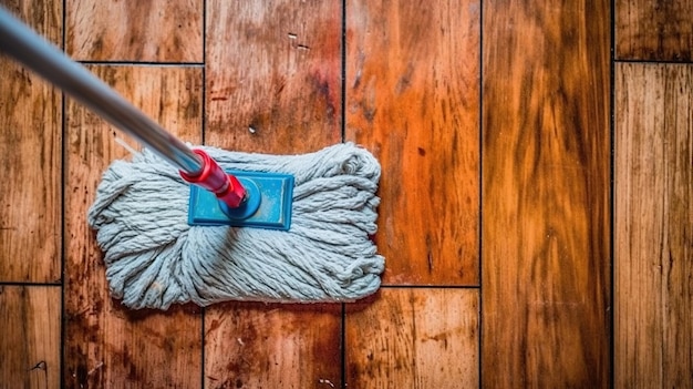 Limpando o chão de madeira sujo pelo esfregão molhado nas tarefas domésticas Homem limpando a casa Vista superior Generative Ai
