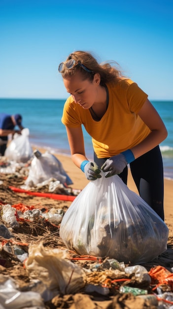 Limpar a praia Voluntários recolhem lixo numa praia de areia