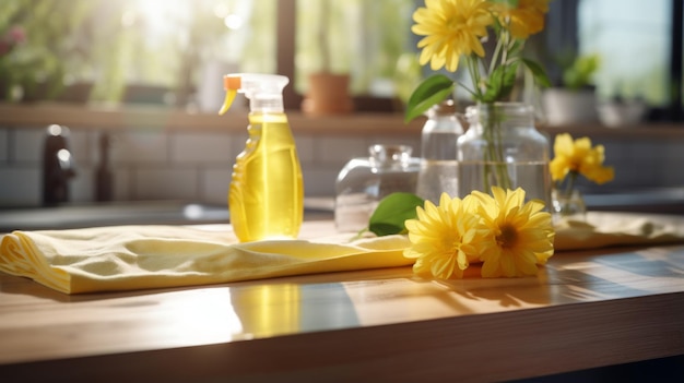 Foto limpar garrafa de spray e flores amarelas em um balcão da cozinha