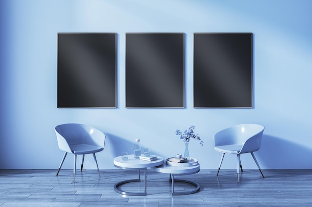 Limpe o interior da sala de estar azul com móveis e cartaz de mock up preto vazio Mock up renderização em 3D