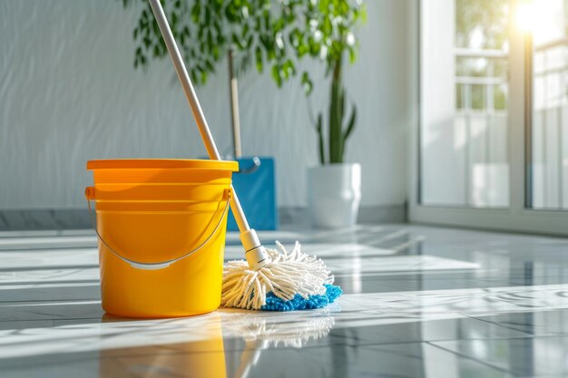 Limpeza da casa um balde para lavar pisos e um esfregão fica no chão no apartamento