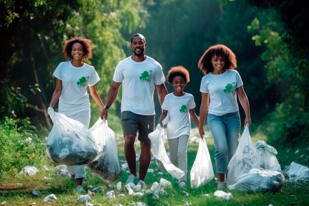 limpeza da natureza família com sacos de lixo nas mãos recolhe lixo perto da lagoa luz solar suave borrada