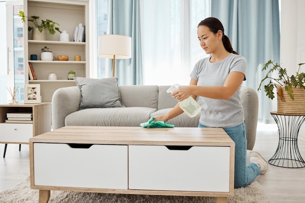 Limpeza de higiene e tarefa de casa com uma mulher limpeza de primavera higienizar móveis de sala de estar Jovem mulher limpa e poeira desfrutando de tarefas domésticas de rotina frescas em um espaço moderno livre de germes