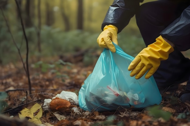 Limpeza de lixo em sacos no parque Closeup de um voluntário coletando resíduos plásticos Generative AI
