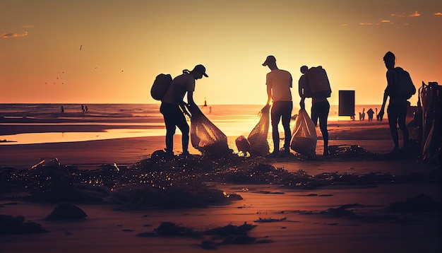 Limpeza de plástico na praia