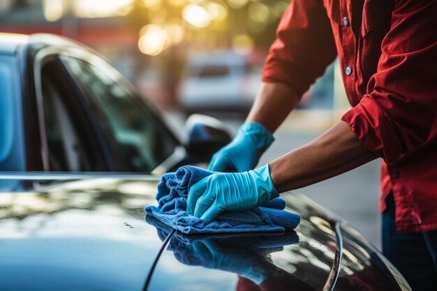 Foto limpeza de prevenção do covid-19mão com pano de microfibra limpeza de assento de couro auto detalhe